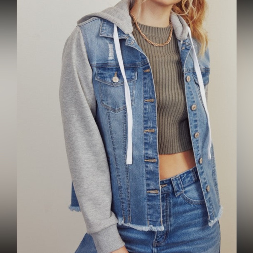KanCan Light Blue Denim Jacket Hoodie with stretch and a removable hood.